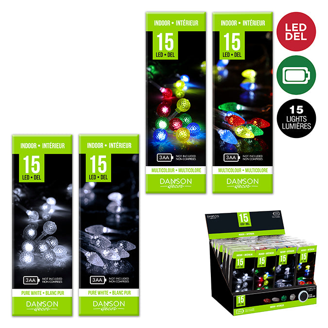 Lumières pour intérieur, 15 DEL C3/G12, clair ou multicolore, à piles