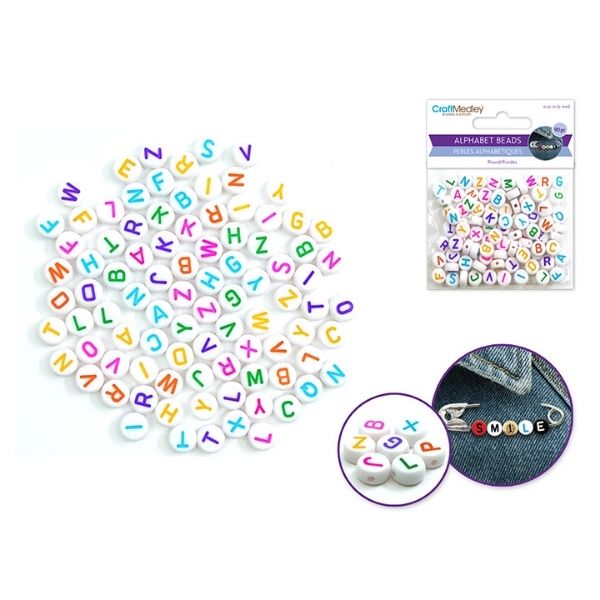 Perle blanche 7 mm avec lettre de l'alphabet multicolore (paquet de 90)
