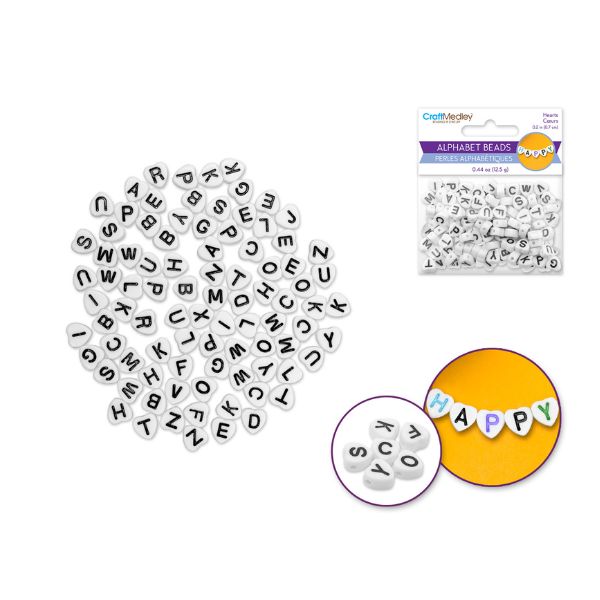 Perles 6 mm x 7 mm coeur blanc avec lettre noire (paquet de 90)