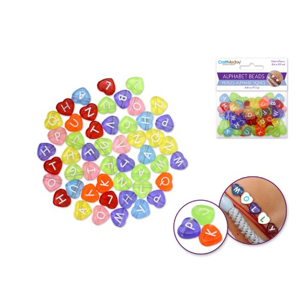 Perles 10 mm x 12 mm coeur multicolore avec lettre blanche (paquet de 50)
