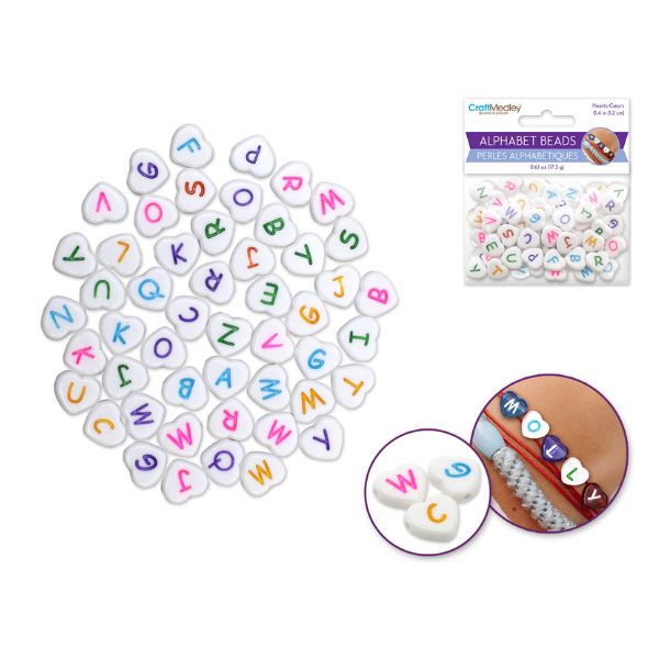 Perles 10 mm x 12 mm coeur blanc avec lettre de couleur (paquet de 50)