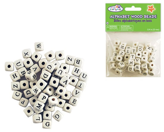 Perle alphabet en bois 10 mm blanc (paquet de 60)