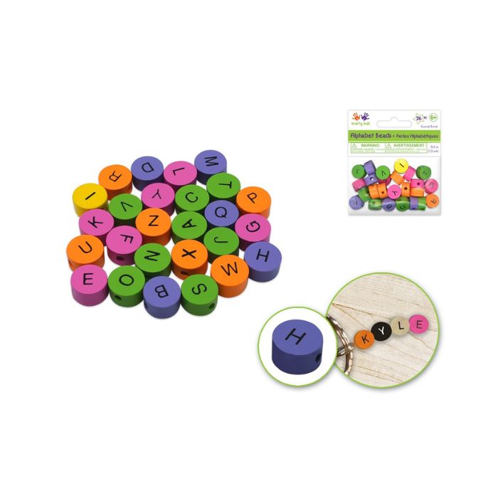 Perle de bois avec lettre de l'alphabet multicolore (paquet de 26)