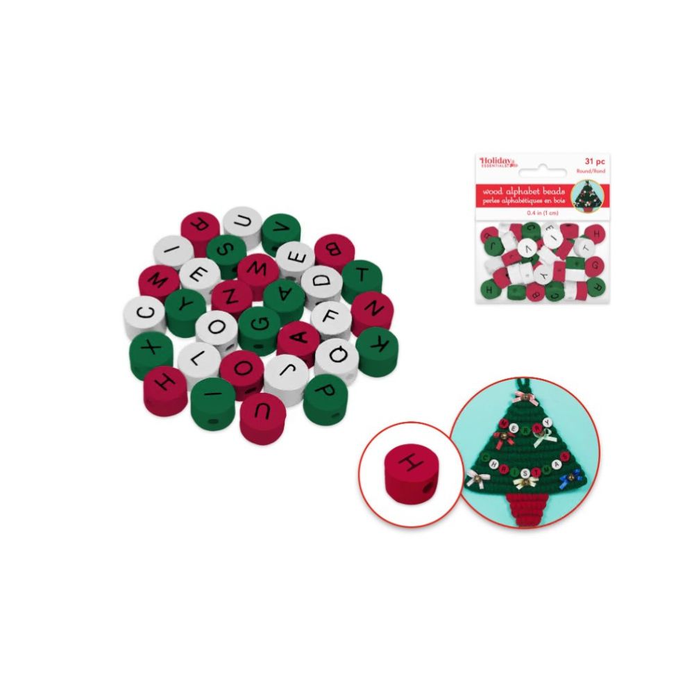 Perle en bois alphabet couleur de Noël (paquet de 31)