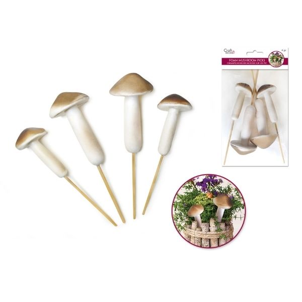 Champignon allongé en mousse sur pic brun (paquet de 4)
