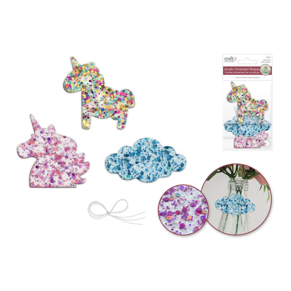 Ornement en acrylique brillant 5-6 cm licorne (paquet de 3)