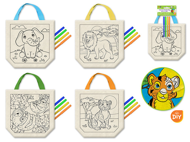 Sac en toile avec 4 marqueurs animaux du zoo