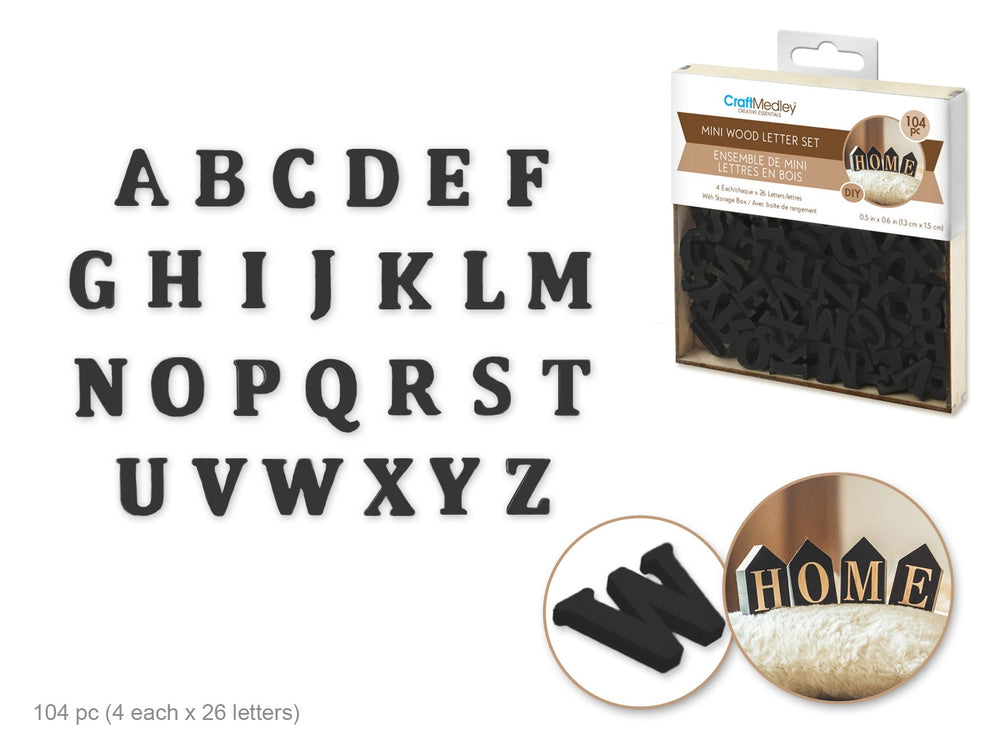 Ensemble de lettres en bois 0,5 po x 0,6 po noir (104 unités)