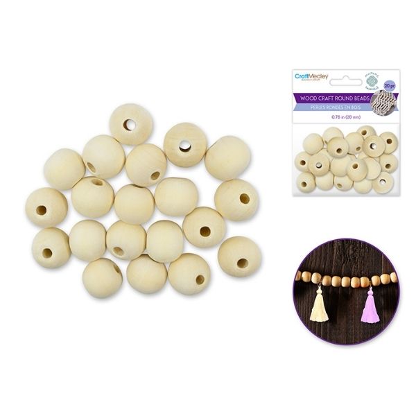 Perle ronde 20 mm en bois naturel (paquet de 20)