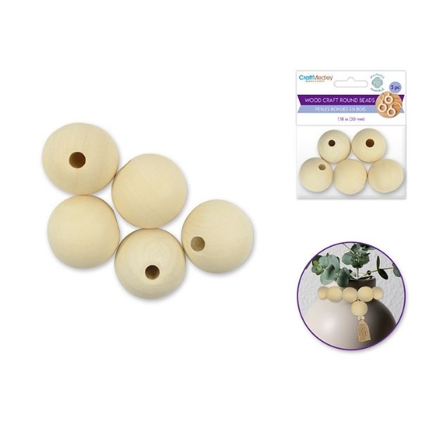 Perle ronde 30 mm en bois naturel (paquet de 5)