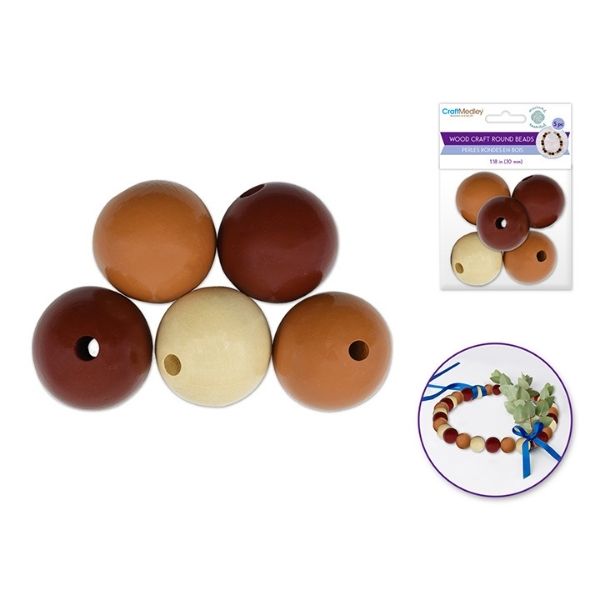 Perle ronde 30 mm en bois (paquet de 5)