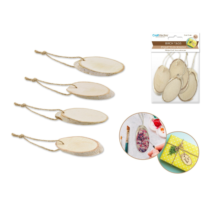 Étiquette en bois de bouleau ovale 7 cm x 4 cm (paquet de 4)