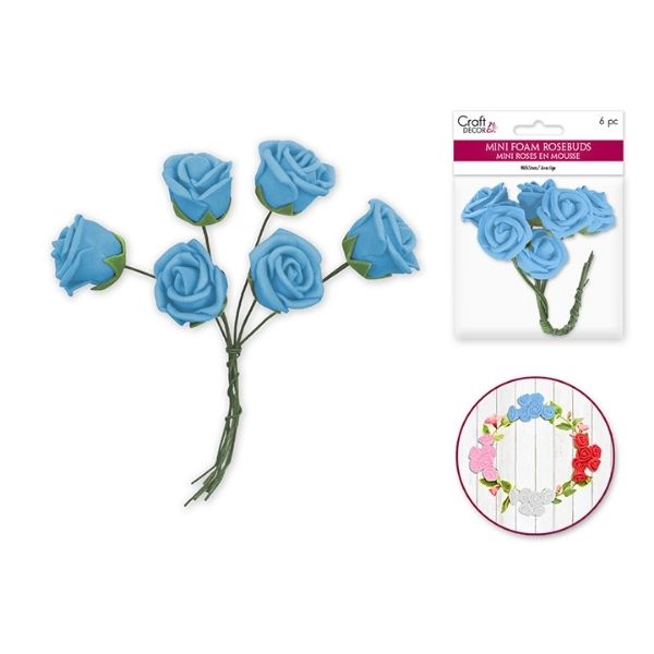 Mini roses en mousse avec tige (paquet de 6) bleu