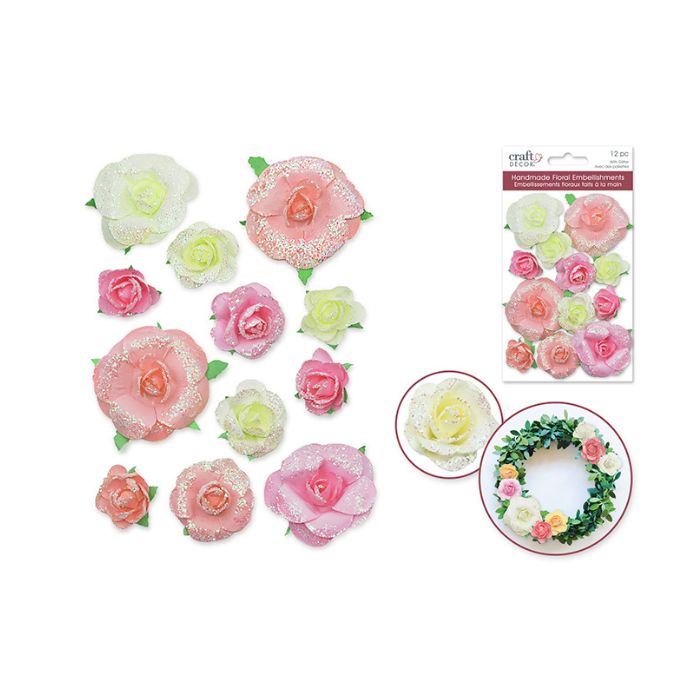 Bouton de rose en papier rose et beige grandeurs variées (paquet de 12)