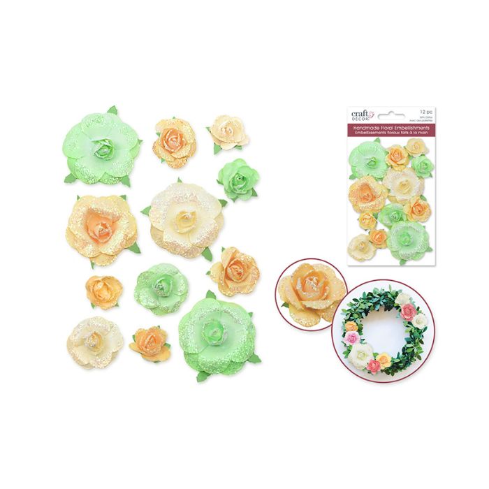 Bouton de rose en papier vert et orange grandeurs variées (paquet de 12)