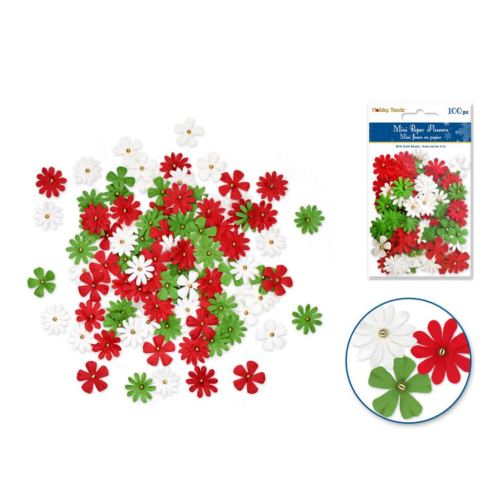 Fleur 2 cm en papier rouge, vert et blanc (paquet de 100)