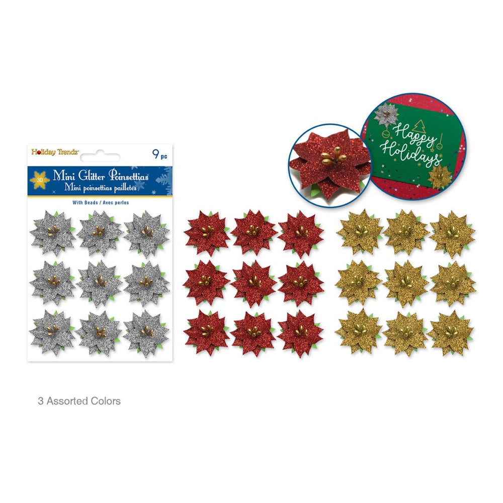Fleur de poinsettia 3 cm pailleté (paquet de 9)