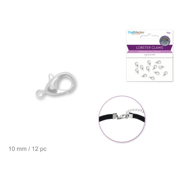 Fermoir à collier pince de homard 10 mm argent (paquet de 12)
