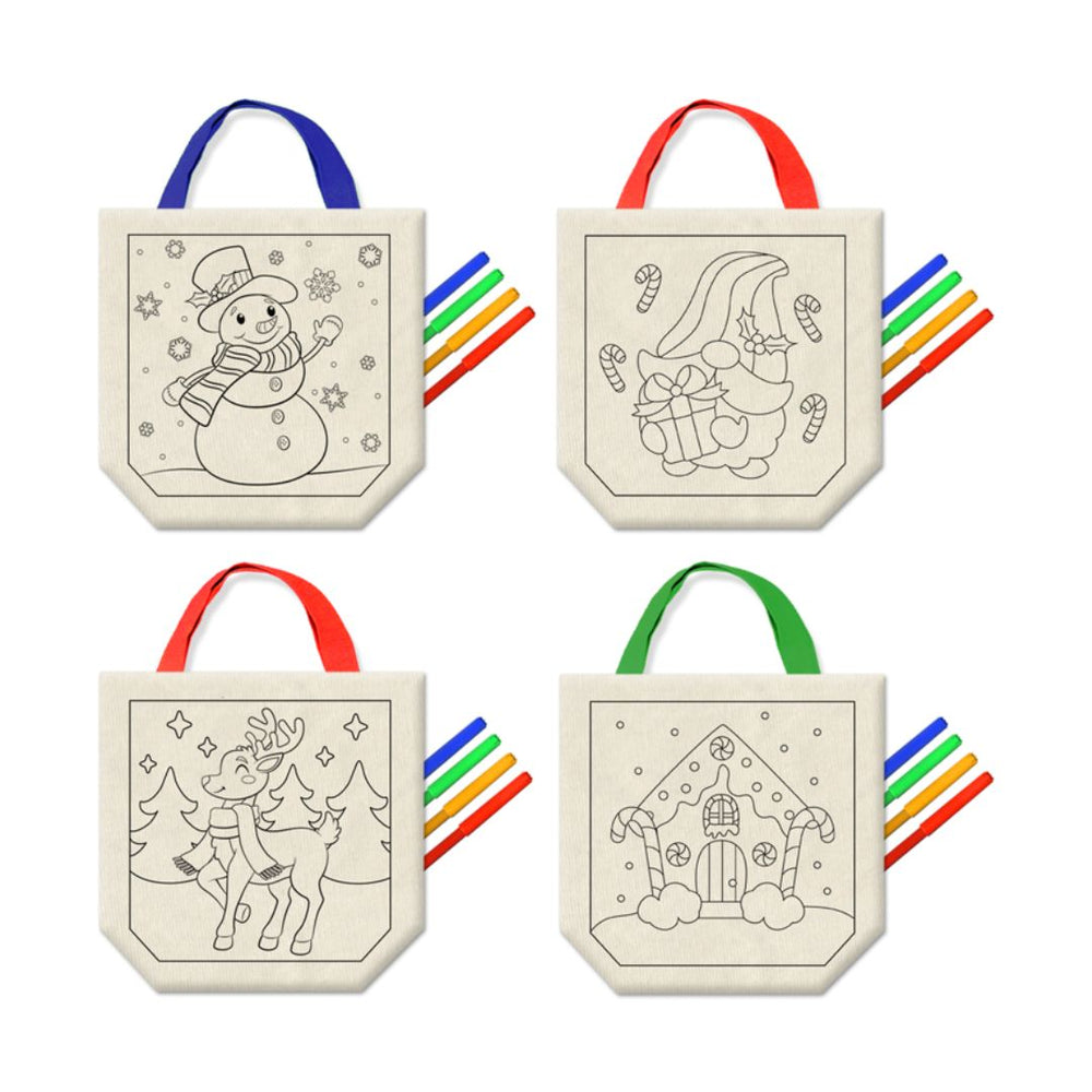 Sac en toile imprimé de Noël à colorier avec 4 marqueurs