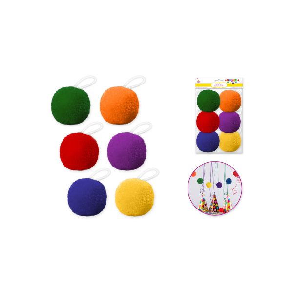 Pompons 3,2 po couleurs primaires en acrylique avec corde (paquet de 6)