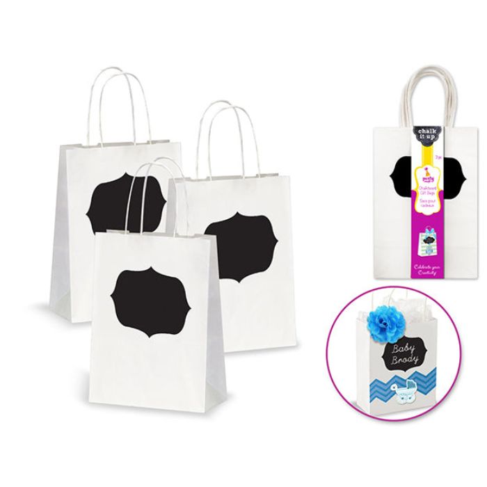 Sac cadeau blanc avec étiquette ardoise 5 po x 9 po x 3,5 po (paquet de 3)