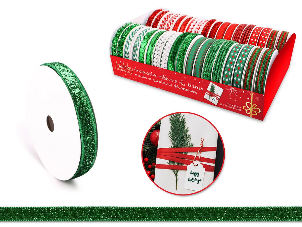 Ruban décoratif brillant 2,5 po x 15 pi rouge et vert