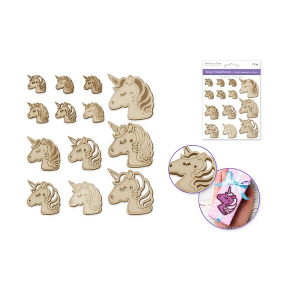 Bouton d'embellissement en bois licornes (paquet de 13)