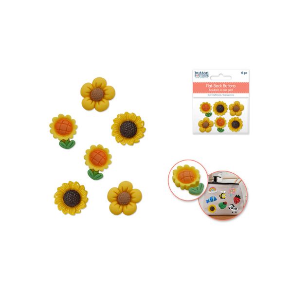 Bouton d'embellissement à dos plat en résine fleurs tournesols (paquet de 6)