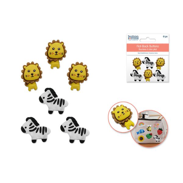 Bouton d'embellissement à dos plat en résine lions et zèbres (paquet de 6)