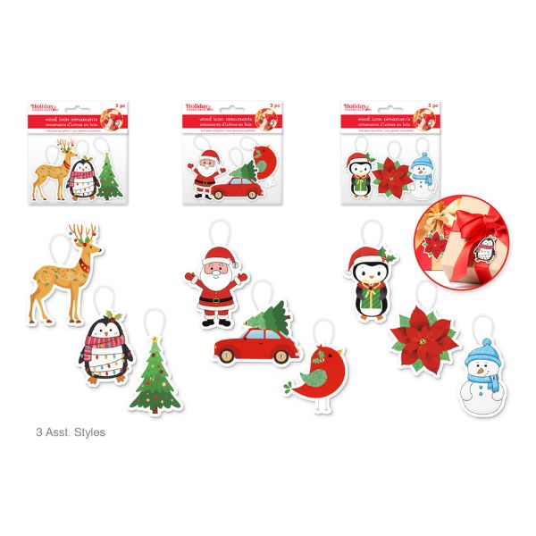 Ornement personnage de Noël en bois (paquet de 3)