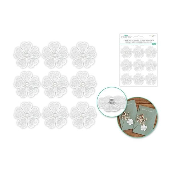 Fleur de dentelle brodée autoadhésive (paquet de 9) blanche