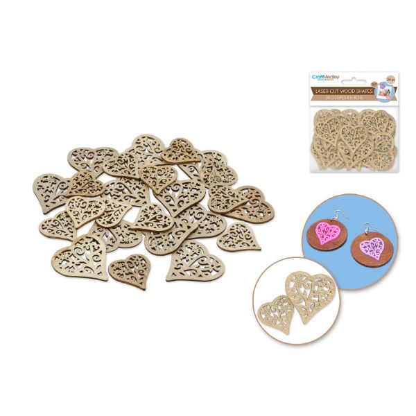 Découpe de bois 4 cm au laser en forme de coeur (paquet de 24)