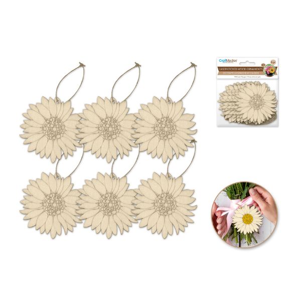 Ornement 3,5 po en bois fleurs d'Aster (paquet de 6)
