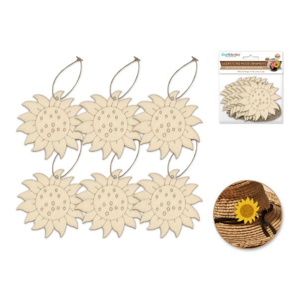 Ornement 3,5 po en bois fleurs de tournesol (paquet de 6)