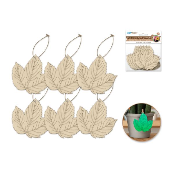 Ornement 3,5 po en bois feuilles de lierre (paquet de 6)
