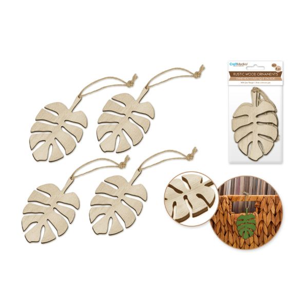 Ornement rustique en bois feuilles tropicales (paquet de 4)