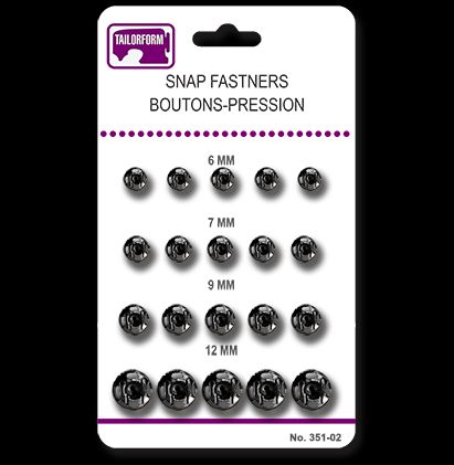 Bouton-pression à coudre 6 mm à 12 mm noir (paquet de 25)