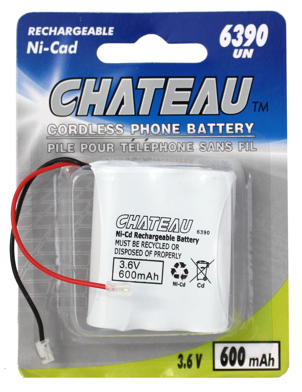 Pile ni-cad pour téléphone sans fil rechargeable 600mAh, NI-Cad, 3,6 Volt. Chateau