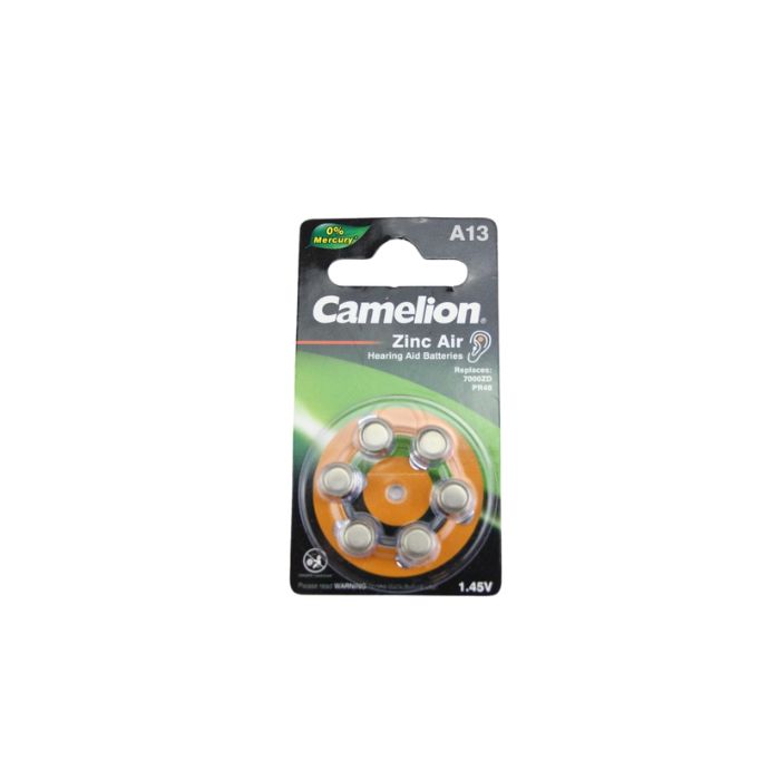 Pile zinc air pour appareil auditif Camelion 1,45V A13 (paquet de 6)