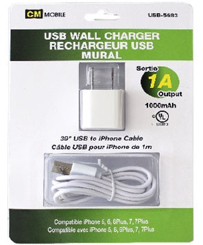 Chargeur pour iPhone 5/6/7 avec câble de 1 m blanc