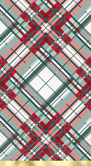 Serviette de table en papier carreaux rouge et vert avec contour or (paquet de 16)