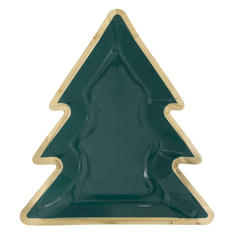 Assiette de service en forme de sapin vert et contour or 8,25 po (paquet de 8)