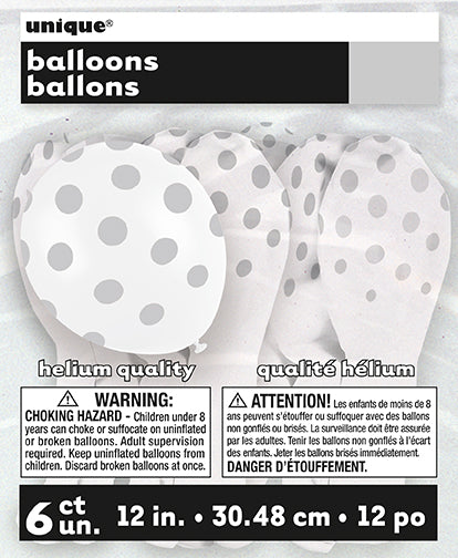 Ballon de fête 12 po blanc motif pois (paquet de 6)