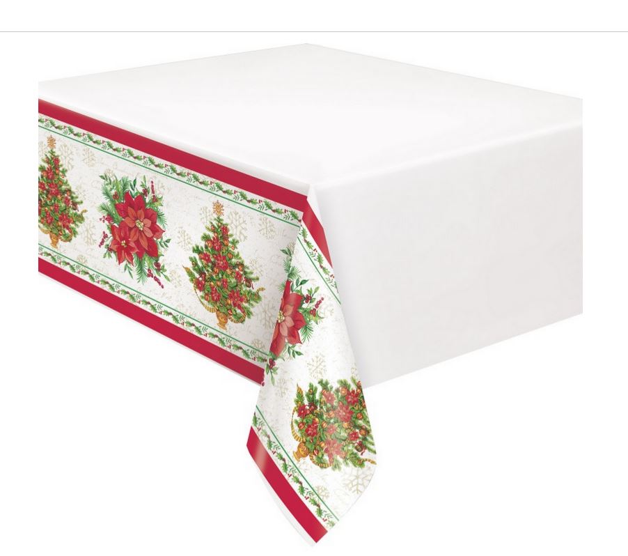 Nappe en plastique jetable 54 po x 84 po poinsettia et sapin