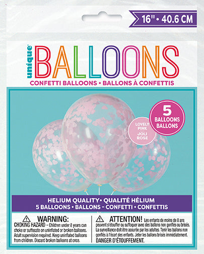 Ballon de fête 16 po clair avec confettis coeur (paquet de 5)
