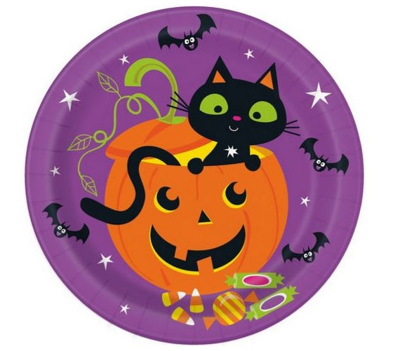 Assiette ronde 9 po (x8) citrouille et chat noir