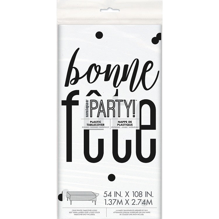 Nappe 54 po x 84 po en plastique jetable blanc bonne fête noir
