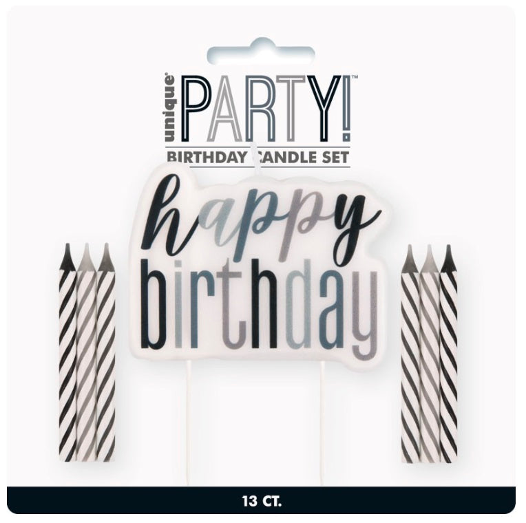 Chandelle d'anniversaire Happy Birthday noir et argent (paquet de 13)