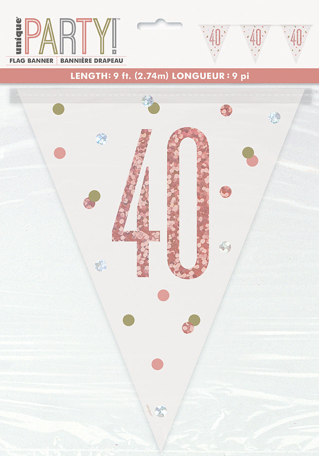 Bannière 9 pi drapeau motif numéro 30 à 90 en plastique or rose