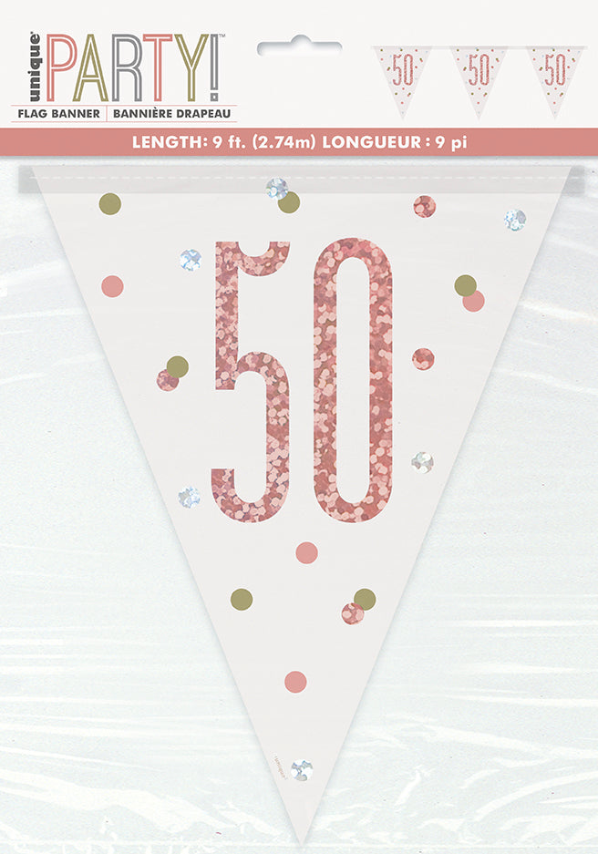 Bannière 9 pi drapeau motif numéro 30 à 90 en plastique or rose
